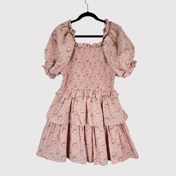 Hyacinth House Womens Dress Beige Mini Floral Smocked Ruffle Puffed A Line Large - Picture 1 of 12